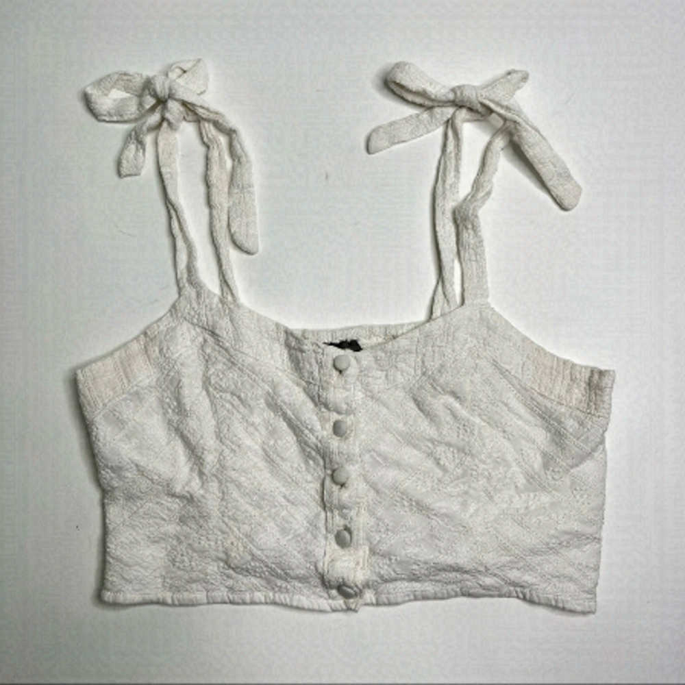 Angie Y2K White Texture Smocked Style Button Up Bow Tie Straps Cropped Bra Top